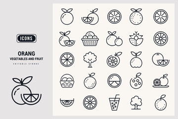 Collection of Orange Fruit and Vegetable Icons for Design Projects White Background.