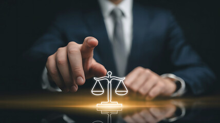 Justice and law abstract concept with businessman touching scales of justice hologram innovation symbol on dark background