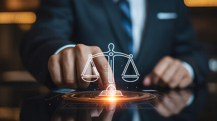 Lawyer using technology for justice showing balance scales in digital display and modern interface concept