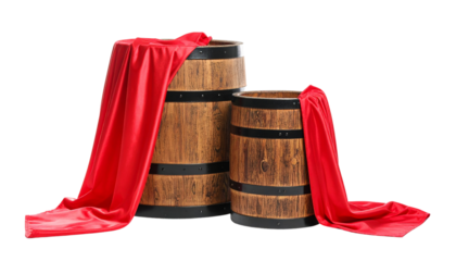 Pair of Wooden Barrel Variations with Red Cloth isolated on transparent background