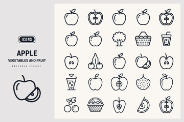 Collection of Apple Icons Representing Fresh Fruit and Healthy Food White Background.