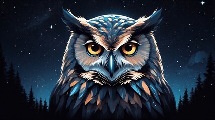Abstract owl face blending into night sky stars.
