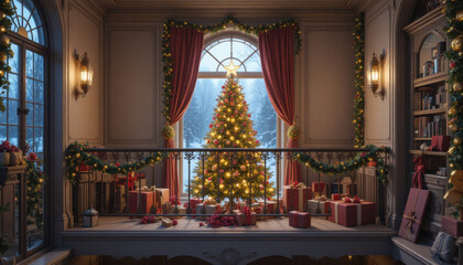 Obraz premium Beautifully decorated Christmas tree stands in cozy, elegant room adorned with garlands and lights, surrounded by wrapped gifts. warm glow creates festive and inviting atmosphere