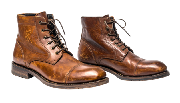 Pair of Vintage Brown Leather Boot Variations isolated on transparent background