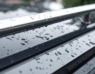 Close-up view of raindrops on a shiny surface with metal railing