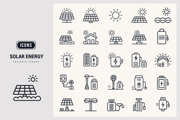 Modern Collection of Solar Energy Technology and Renewable Power Icons White Background.