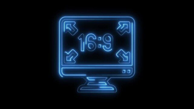 Animated neon monitor displaying 169 aspect ratio in fullscreen mode on black background