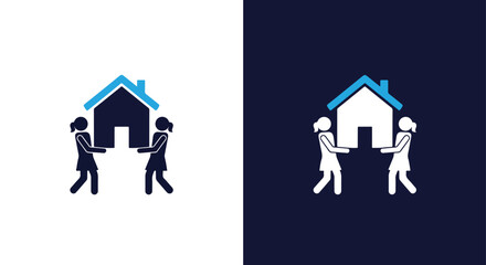 Two silhouettes carry a house icon with blue roof for moving services - Line and glyph solid icon and logo templete