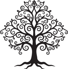Intricate black silhouette of a flourishing tree with swirling branches isolated on transparent background