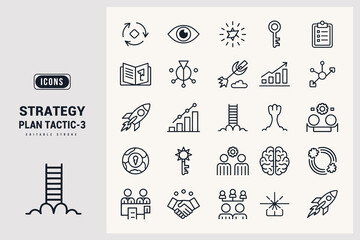 Collection of Icons Representing Business Strategy Planning Tactics and Concepts White Background.