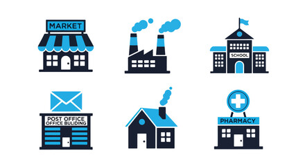 Set of six colorful building icons representing various businesses and institutions - Line and glyph solid icon and logo templete