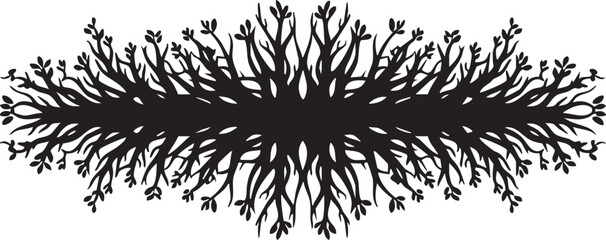Intricate black silhouette of a symmetrical floral branch design isolated on transparent background