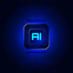Digital AI Core: An illuminated AI core, at the center of a blue circuit board, represents the essence of artificial intelligence and high-tech innovation.
