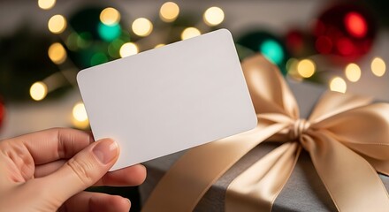 Fototapeta premium Blank Card Held Over Gift Box with Bokeh Christmas Lights Background.