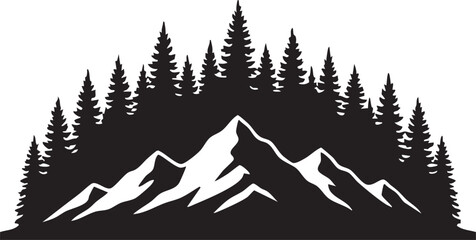 Majestic mountain range with dense pine forest silhouette isolated on white background