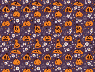 Halloween pattern on purple background with elements such as jack-o-lantern, flowers, magic bottle, gloves.