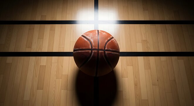 A close-up, dramatic shot of a basketball resting on a polished wooden court, illuminated by a spotlight.