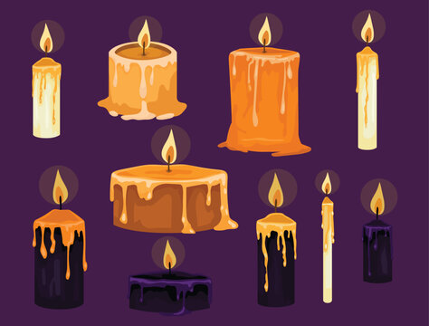 Set of Halloween candles on purple background. Hand drawn vector design elements.