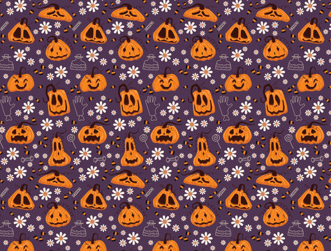 Halloween pattern on purple background with elements such as jack-o-lantern, flowers, magic bottle, gloves.