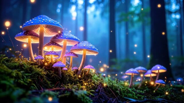Magic mushrooms glow in a mystical forest at night