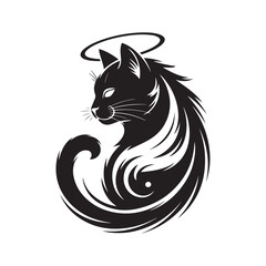 Elegant Cat Angel Silhouette with Halo Vector