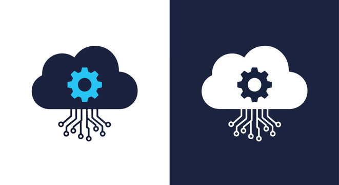 Digital cloud computing icon with gears and circuitry for technology services - Line and glyph solid icon and logo templete