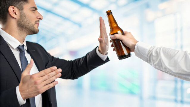 Sober no alcohol party party man refusing beer bottle with hand gesture in modern office setting conveying restraint and celebration mood
