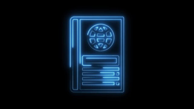 Neon passport outline animation on black background represents travel and international identification