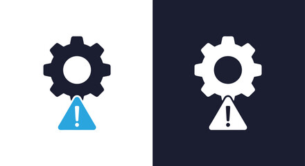 Gear with exclamation mark warning icon for technical issue troubleshooting and maintenance - Line and glyph solid icon and logo templete
