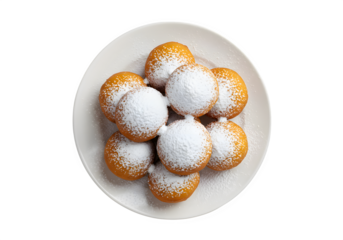 A plate of beignets with a thick covering of powdered sugar creating a snowy effect, isolated on white or transparent background. PNG