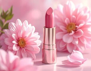 Elegant lipstick presentation with beautiful pink flowers, perfect for beauty advertising