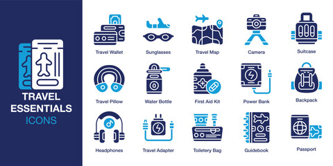 Travel Essentials icon set. Containing luggage, trip, tourism, camera, adventure and more. Solid vector icons collection. Vector illustration.