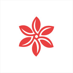 Abstract red floral swirl logo design with five decorative petals in modern style