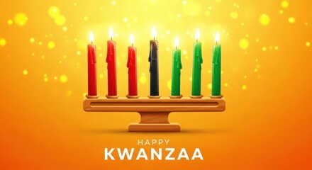 A kinara with red black and green candles lit on a yellow background celebrating happy kwanzaa day