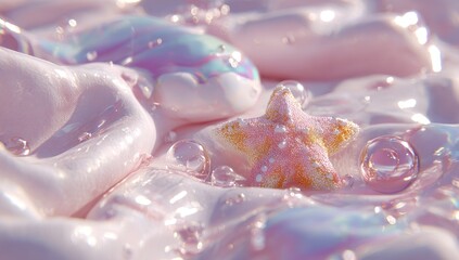 Fototapeta premium Soft, pastel-hued scene of a starfish, bubbles, and pearlescent objects in a flowing texture