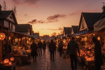 Atmospheric Halloween-themed market &ndash; costumes, masks, decor