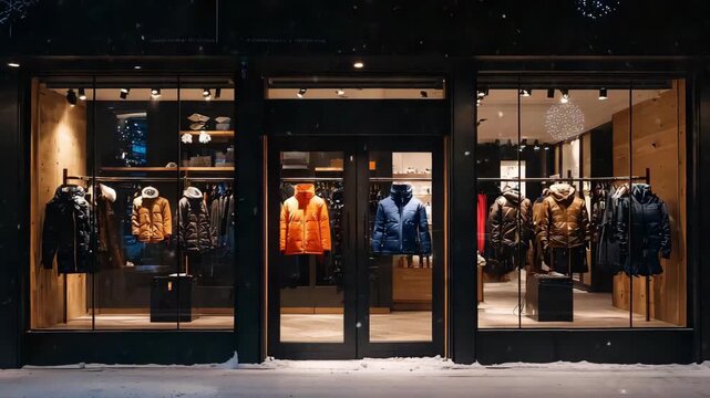 Stylish winter jackets on display in a cozy urban storefront during a snowy evening