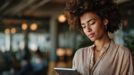 young businesswoman checking schedule on tablet in shared office, modern furniture, soft daylight