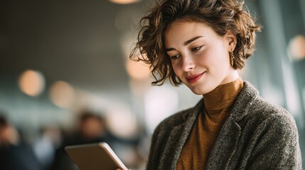 young businesswoman checking schedule on tablet in shared office, modern furniture, soft daylight