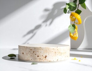 Minimalist display with citrus zest, foliage, and stone pedestal