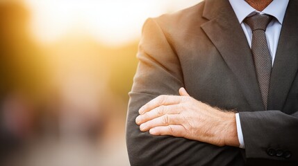 Professional man in suit hands folded formal attire, man in suit and tie hands folded professional demeanor.