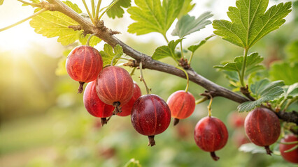 Gooseberry tree in garden, Gooseberries tree in natural warm sunlight background
