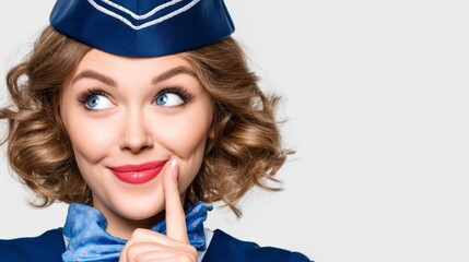 Silent woman in blue uniform secret gesture, woman in blue uniform displays hush gesture promoting quiet.