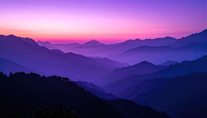 Obraz premium Serene Mountain Range Silhouette at Dusk with Gradient Sky in Hues of Purple and Orange Layers of Hills Cascading into the Horizon Soft Lighting