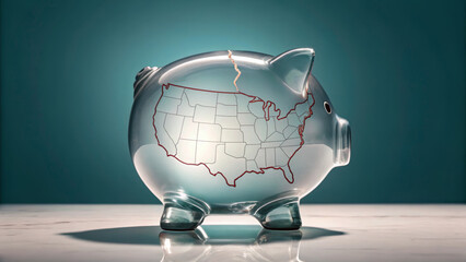 Transparent piggy bank with cracked top and USA map etched on side symbolizing budgetshutdowngovernmentfurlougheconomyusa strain and uncertainty