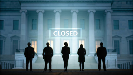 Budgetshutdowngovernmentfurlougheconomyusa people silhouetted in front of closed government building at night conveying uncertainty and tension