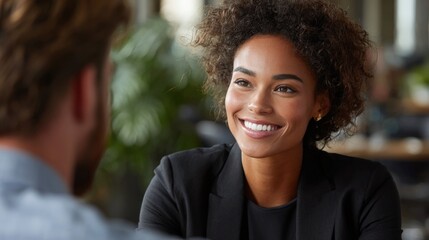 HR manager interviewing job candidate, formal but friendly setting, natural light