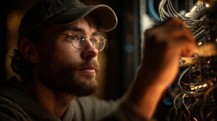 IT technician fixing hardware inside office server rack, technical detail, low-key lighting