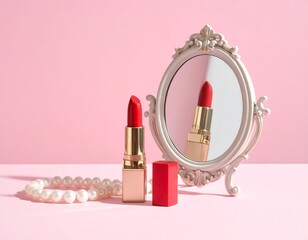 Elegant Red Lipstick Reflection in a Mirror with Pearls on Pink Background