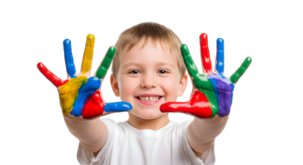 A young child joyfully displays their hands covered in vibrant paint, embodying creativity and imagination, isolated on transparent background